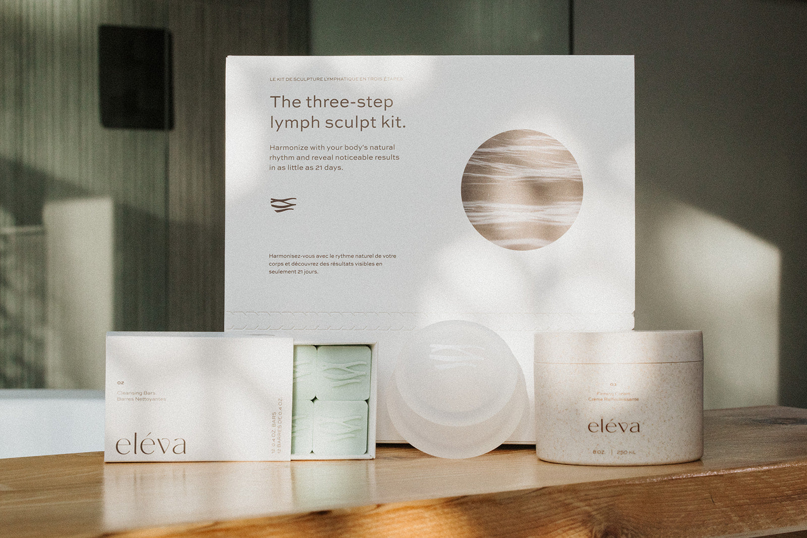 A photo of Eléva's lymphatic drainage kit with all the products in front of it.